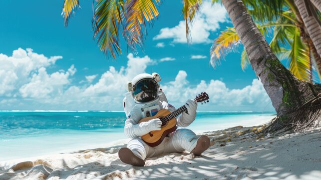 Cosmic Luau Serenade: Astronaut in Hawaiian Attire Playing Ukulele on Beach with Ocean View