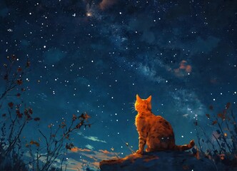 starry sky and lonely cat
