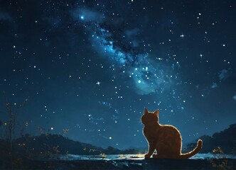 starry sky and lonely cat