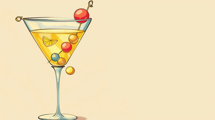 A whimsical cartoon illustration of a martini glass with animated characters, adding a playful touch, cartoon design, National Martini Day, with copy space