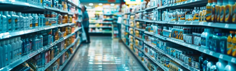 Many shelves of different types of products in a store