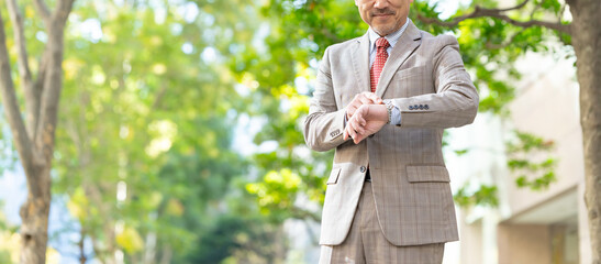 新緑に立つ腕時計を見るミドル男性ビジネスマン