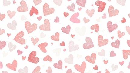 Pattern of various heart shapes in shades of pink and red on a white background