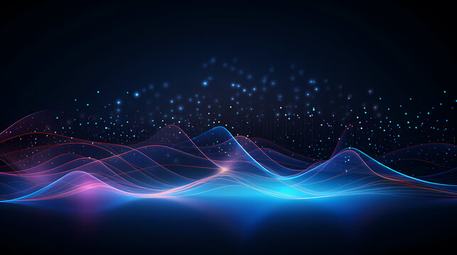Abstract blue wavy background with glowing lights and sound waves