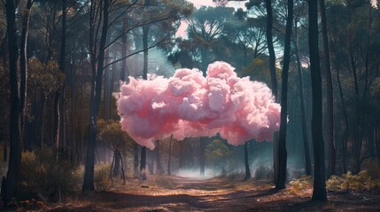 Surreal forest scene with a large, pink, cloud-like smoke formation hovering above the ground