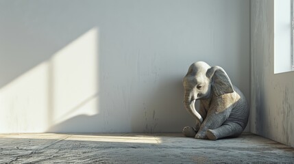 Baby elephant sitting alone in a room with a white wall and a concrete floor