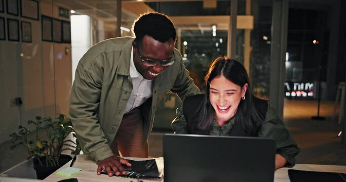 Night, office and business people with laptop for fist bump, celebration and creative project success. Startup, goals and website design team with hands together for winning, mission or sale target