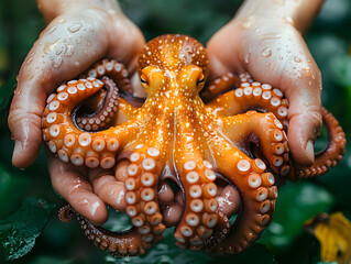 High angle view of hands holding octopus