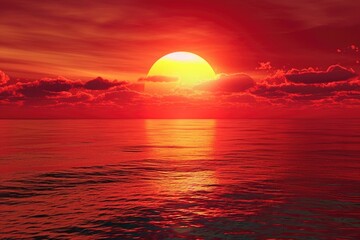 Red sunset over the sea, big sun in red sky, warm light, bright, beautiful background, illustration, 3d rendering, hd, high resolution, high detail,