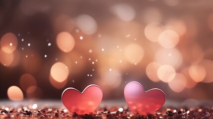Fototapeta premium Two pink hearts on a sparkly background with bokeh lights.