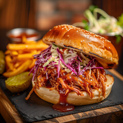 Barbecue Pulled Chicken Sandwich with Coleslaw and Fries 