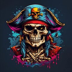 A menacing skull with pirate hat and colourful style for t-shirt design