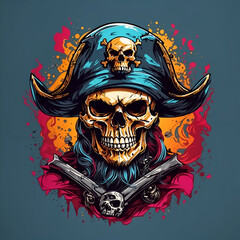 A menacing skull with pirate hat and colourful style for t-shirt design