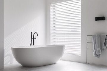 Stylish bathtub in modern style, modern bathtub near white wall in bathroom interior
