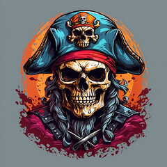 A menacing skull with pirate hat and colourful style for t-shirt design
