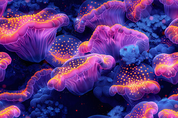 Close-up of bacteria and viruses under microscope, scientific concept of marine life 3d illustration