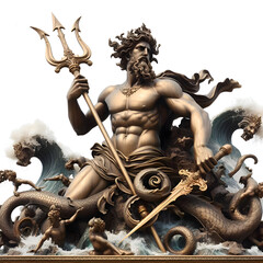 statue of poseidon the god of the seas in bronze with white background