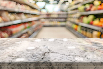 Fototapeta premium Blank marble tabletop with blurred supermarket background, product display concept illustration