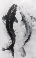 Two black and white koi fish swim on the water, festive koi fish represent good luck concept illustration wallpaper