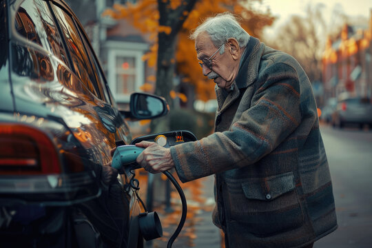 Elderly Man Charging Electric Car on Autumn Street