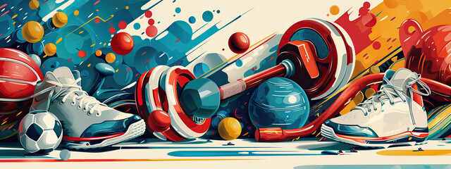 Vibrant Sports Equipment Composition with Sneakers, Dumbbells, and Basketballs