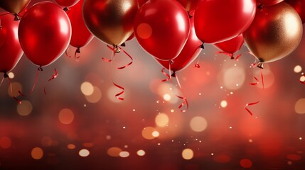 Red and gold balloons with confetti against a bokeh background.