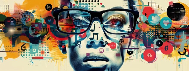 Abstract Collage of a Woman's Face with Glasses and Social Media Icons