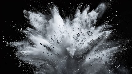 A vibrant explosion of silver powder erupts against a stark black background, creating a mesmerizing cloud of particles that dance and swirl in mid-air. grey white powder explosion on a black.