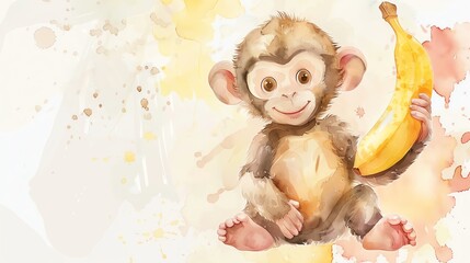 Adorable watercolor painting of a baby monkey holding a banana, with a light pastel background.