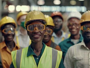 Obraz premium Smiling Black Woman Construction Worker in Yellow Hardhat and Safety Glasses
