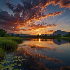 Obraz premium a picture of a lake with a palm tree and clouds in the background.