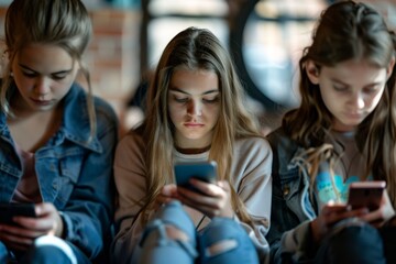 Obraz premium Three girls sitting on a bench looking at their phones