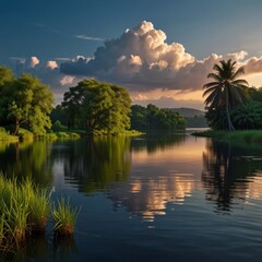 a picture of a lake with a palm tree and clouds in the background.