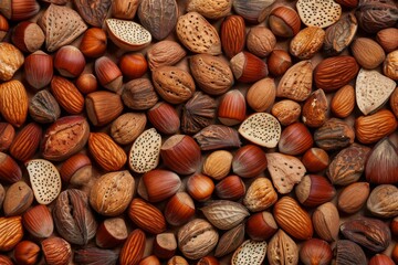 Nuts are mixed together in a pile on a table, food background 