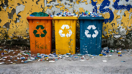 Obraz premium Many garbage cans with sorted garbage. Sorting garbage. Ecology and recycle concept.