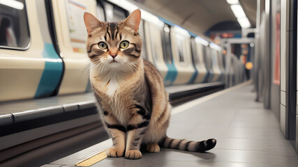 un chat mignon qui se tient sur ses deux pattes qui prend le métro quand un style moderne, réaliste,