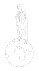 One continuous line of Graduati man with Earth Globe. Thin Line Illustration vector concept. Contour Drawing Creative ideas.