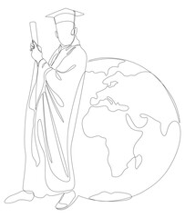 One continuous line of Graduati man with Earth Globe. Thin Line Illustration vector concept. Contour Drawing Creative ideas.