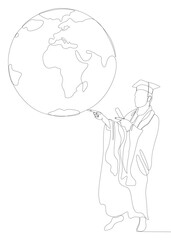 One continuous line of Graduati man with Earth Globe. Thin Line Illustration vector concept. Contour Drawing Creative ideas.