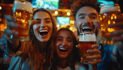 Friends Enjoying Beer at Sports Bar.