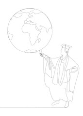 One continuous line of Graduati man with Earth Globe. Thin Line Illustration vector concept. Contour Drawing Creative ideas.