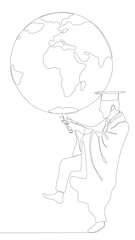 One continuous line of Graduati man with Earth Globe. Thin Line Illustration vector concept. Contour Drawing Creative ideas.