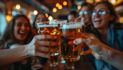 Group of Friends Toasting with Beers at Bar.