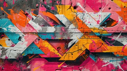 A colorful graffiti, pink tones on brick wall