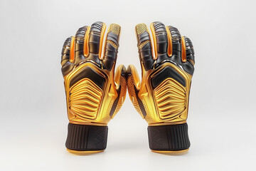 Golden and black goalkeeper gloves with reinforced padding offer superior grip and protection during intense soccer matches. Ideal for all levels, set against a white background.