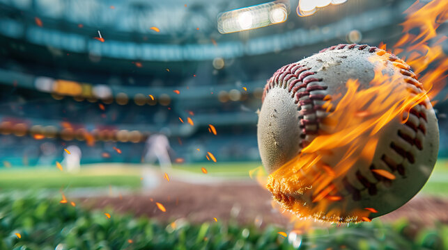 A close-up of a flying baseball trailing flames on a baseball field