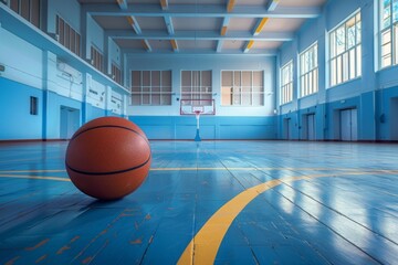 Basketball ball sitting on the floor of a gym, school background
