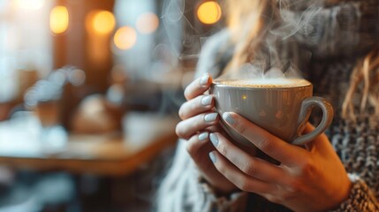 Close-up of a womans hands holding a steaming espresso coffee morning.