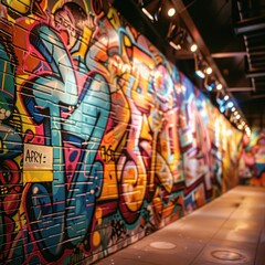 A dark alley with light, graffiti on wall
