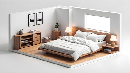 Interior modern minimalism bedroom on white background, Isometric style Generative AI